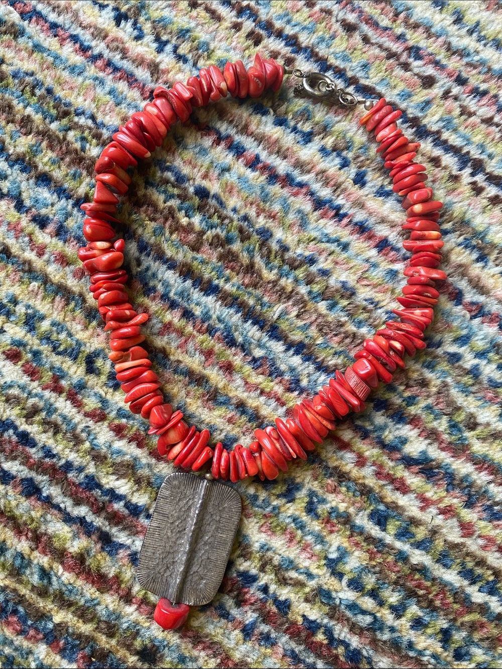 Red Coral Chip Necklace with Silver Pendant - Women Jewelry